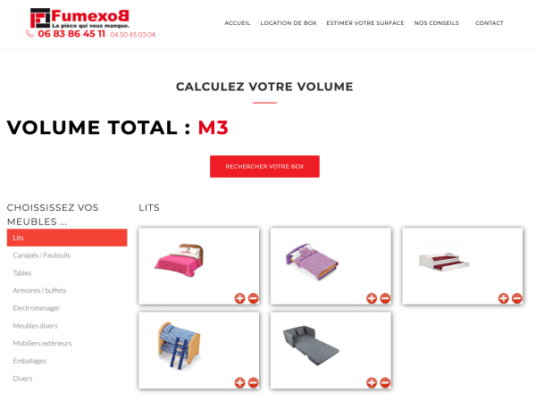 Calculateur de volume pour un box de stockage sur le site de Fumexbox